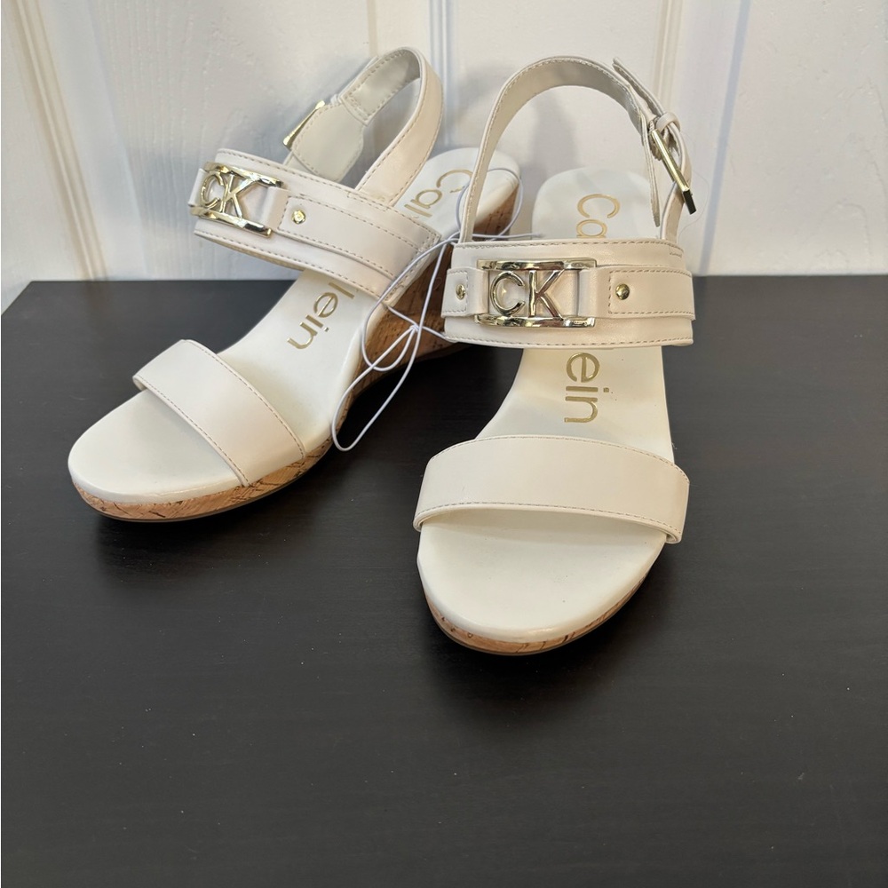 Calvin Klein Women's Cream Leather CK Buckle Wedge Sandals
